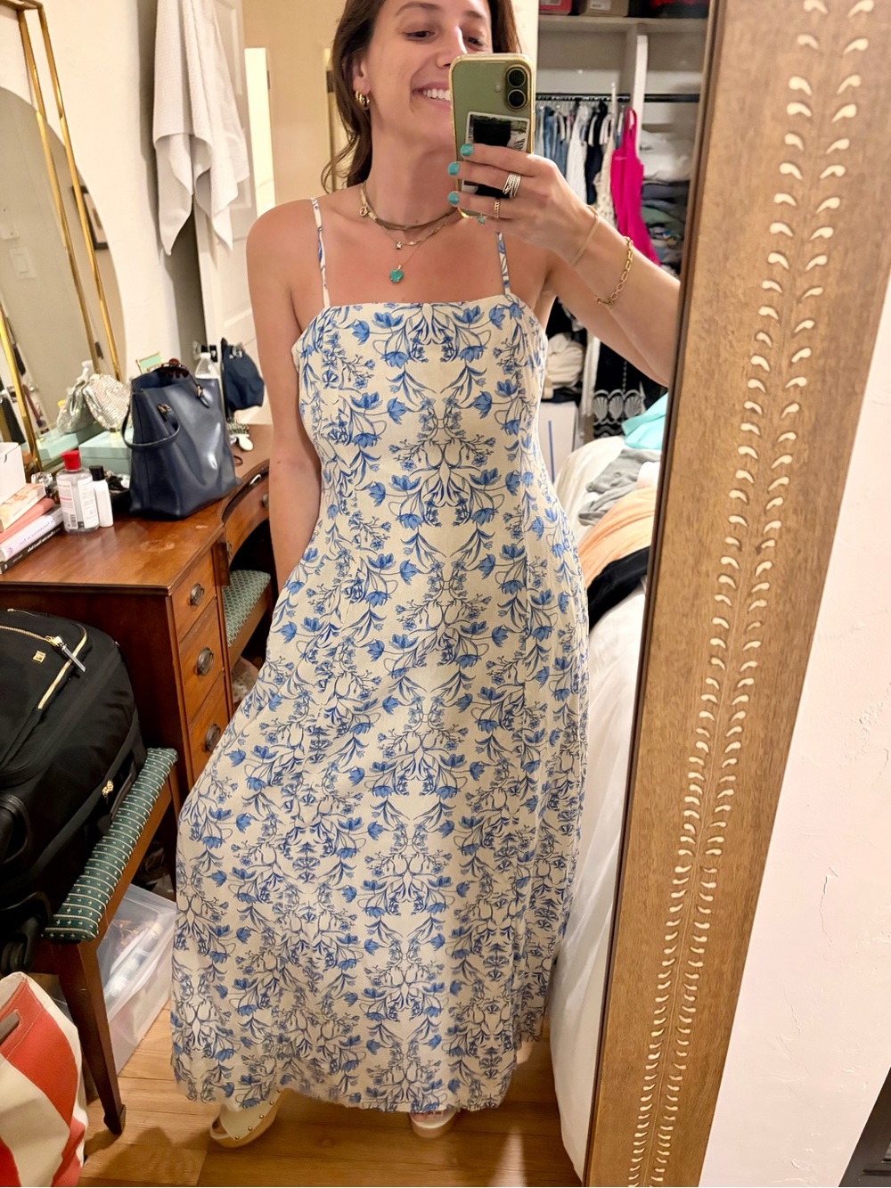 1.STATE Blue White Floral Linen Blend Maxi Dress with Pockets Size M - Picture 5 of 10